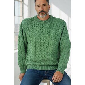 The Irish Store Men's Crew Neck Fisherman Knit Merino Wool Sweater Green M New